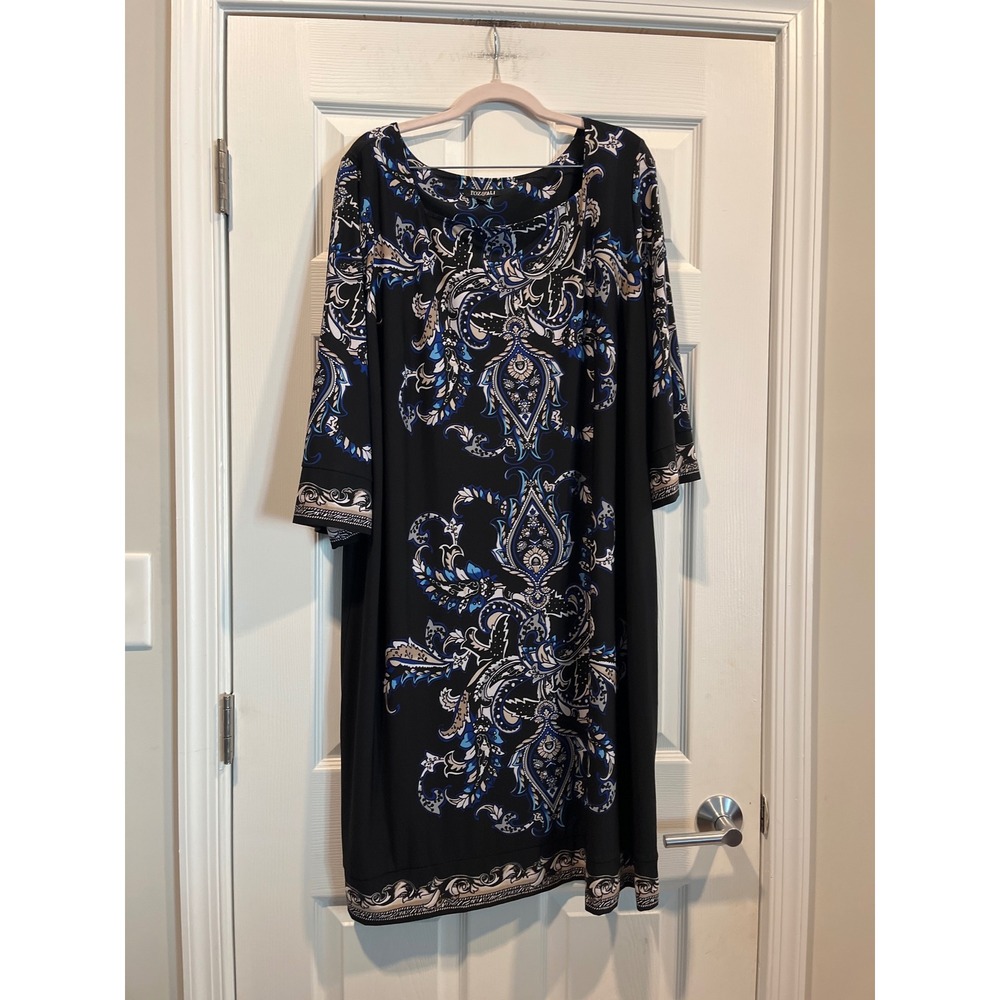 Roz & Ali Womens Black Paisley Border Print 3/4 Sleeve Shift Dress Plus‎ Size